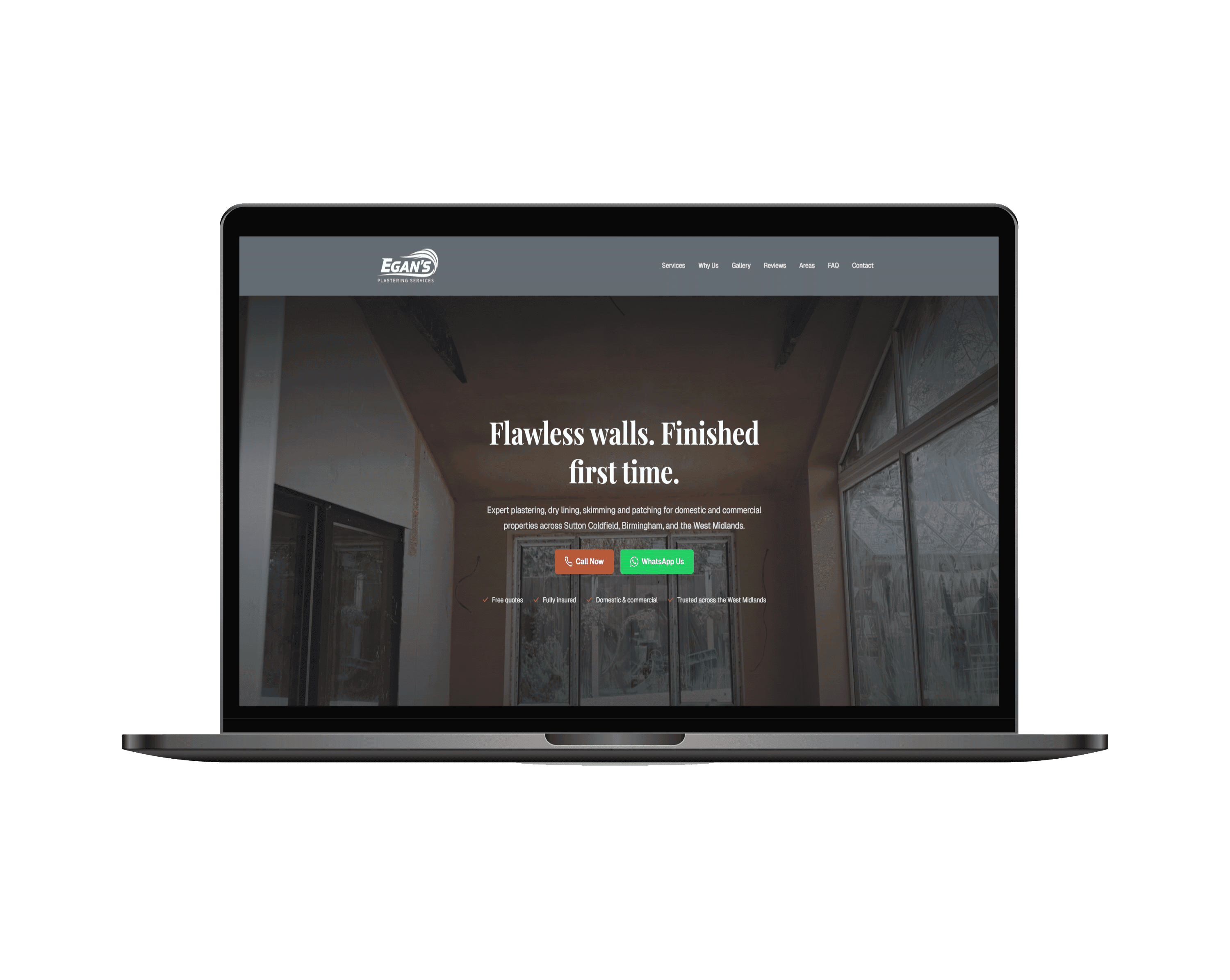 Egan's Plastering Services website shown on a laptop