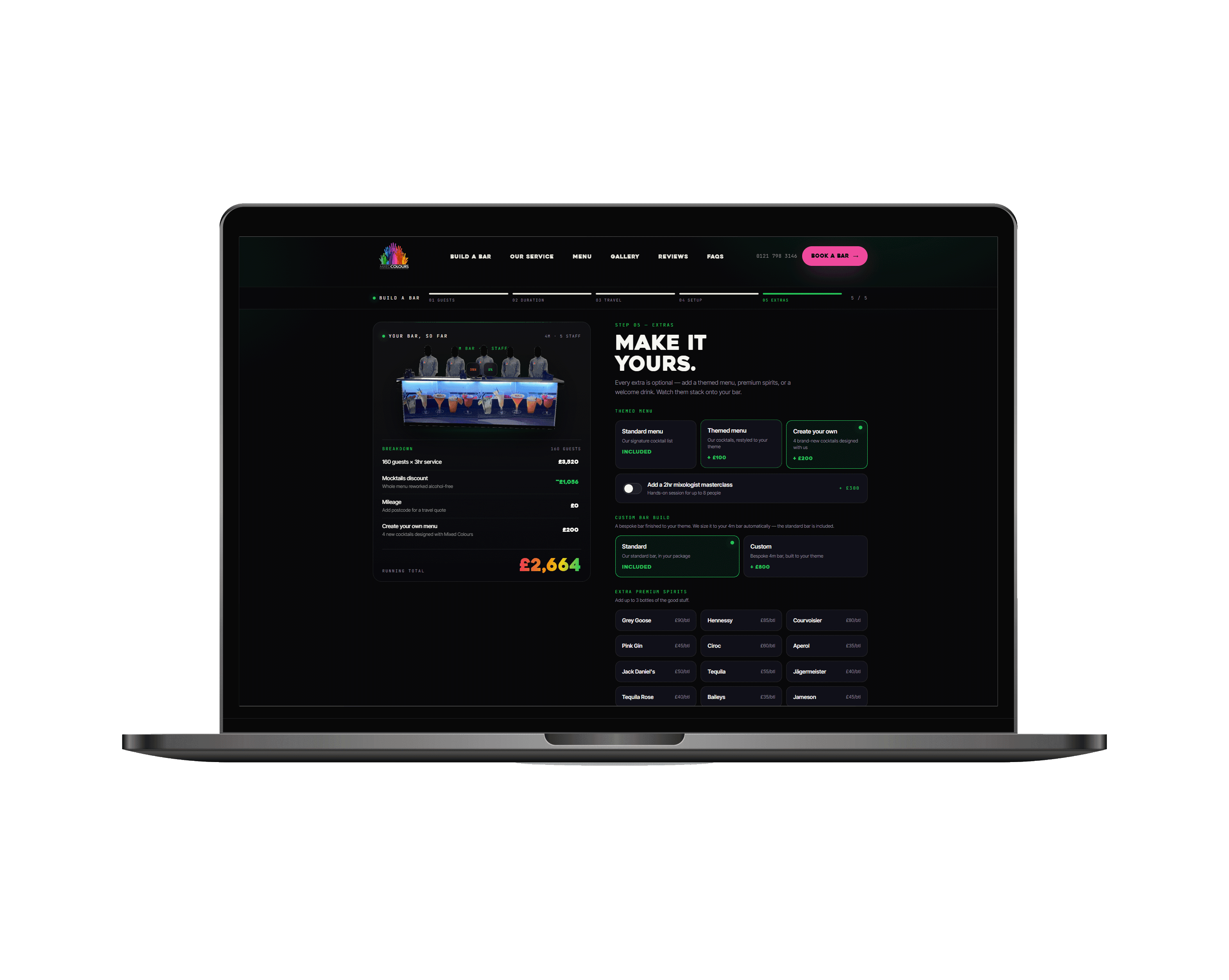The Mixed Colours Build-A-Bar interactive quote builder, showing a guest slider, the bar visual and a live itemised cost breakdown