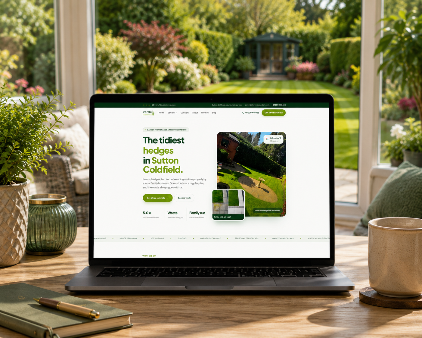 Verde Garden Services website shown on a laptop