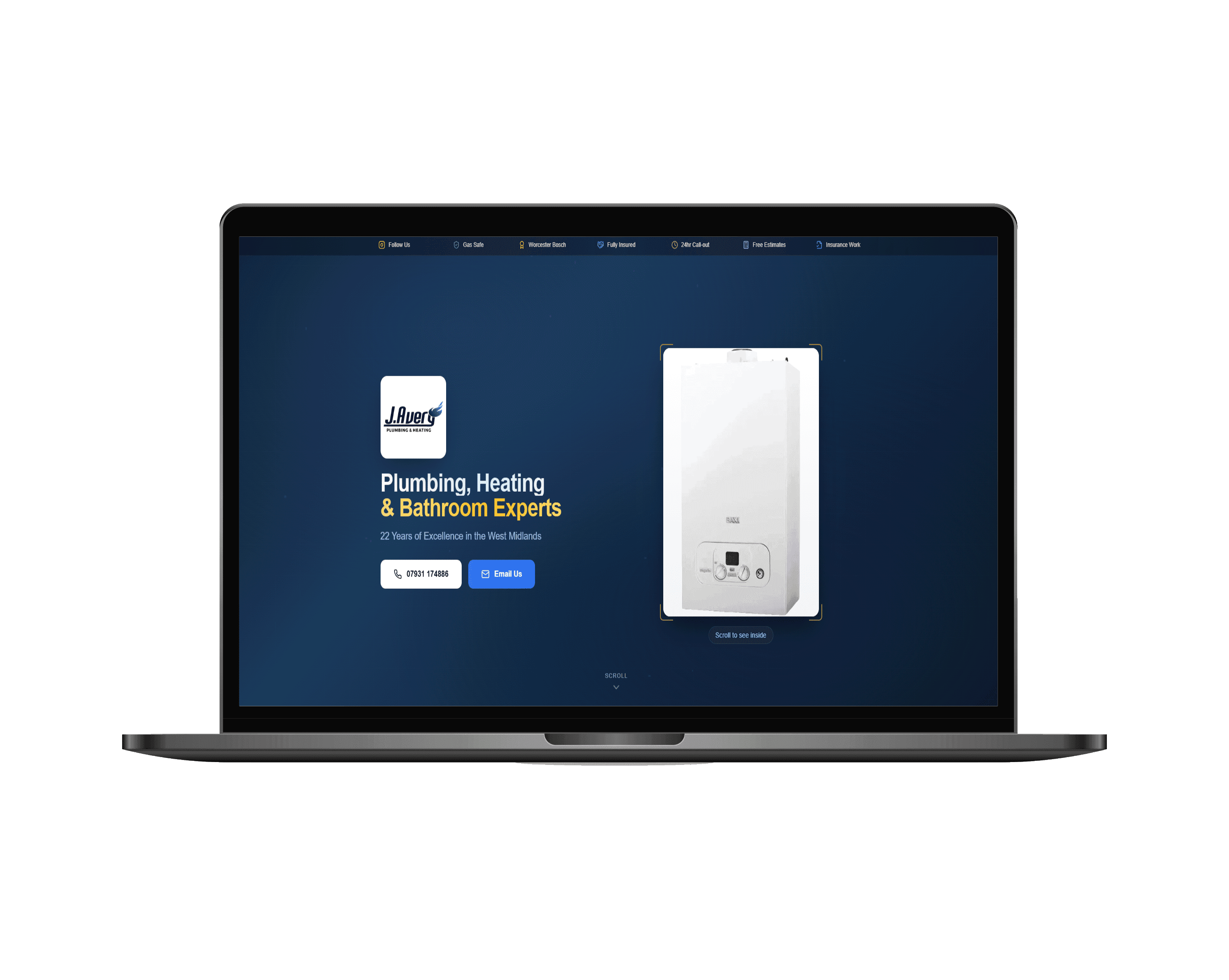 J.Avery Plumbing & Heating website shown on a laptop